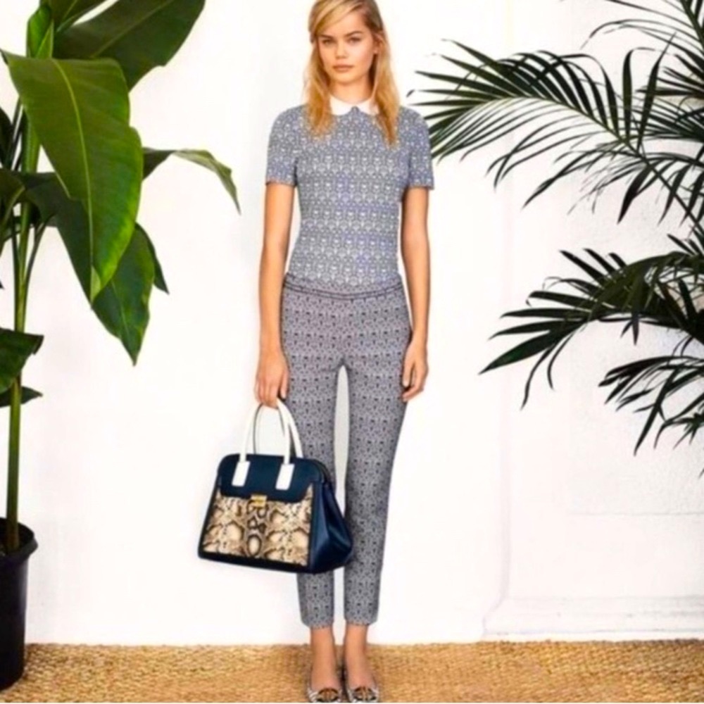 Tory Burch  Heidi Jacquard Print Navy&White Stretch  Slim Fit Pants Size 6